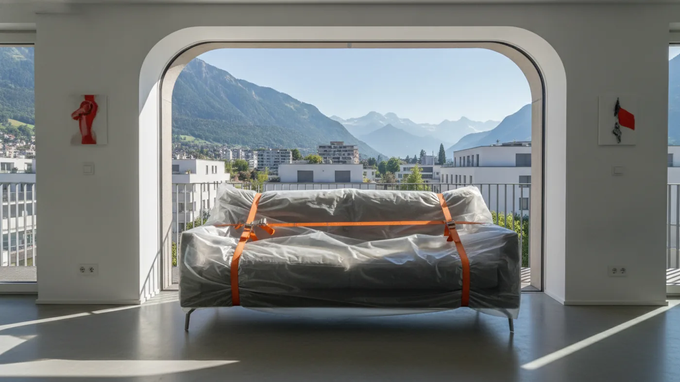 Canapé emballé passant par une grande fenêtre d’immeuble avec des sangles orange