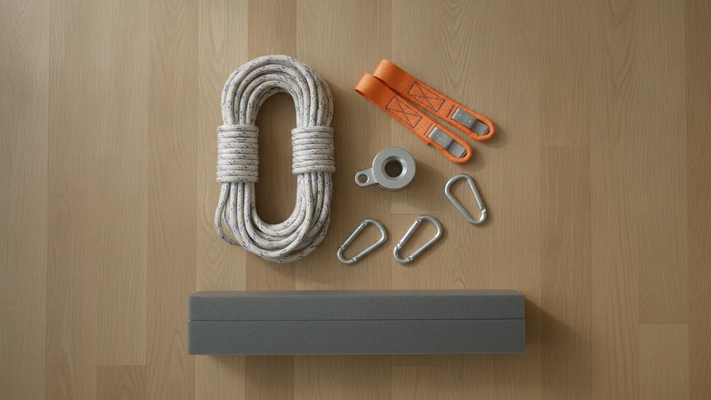 Matériel pour faire passer un meuble par la fenêtre : cordes, sangles de levage, poulie et mousquetons