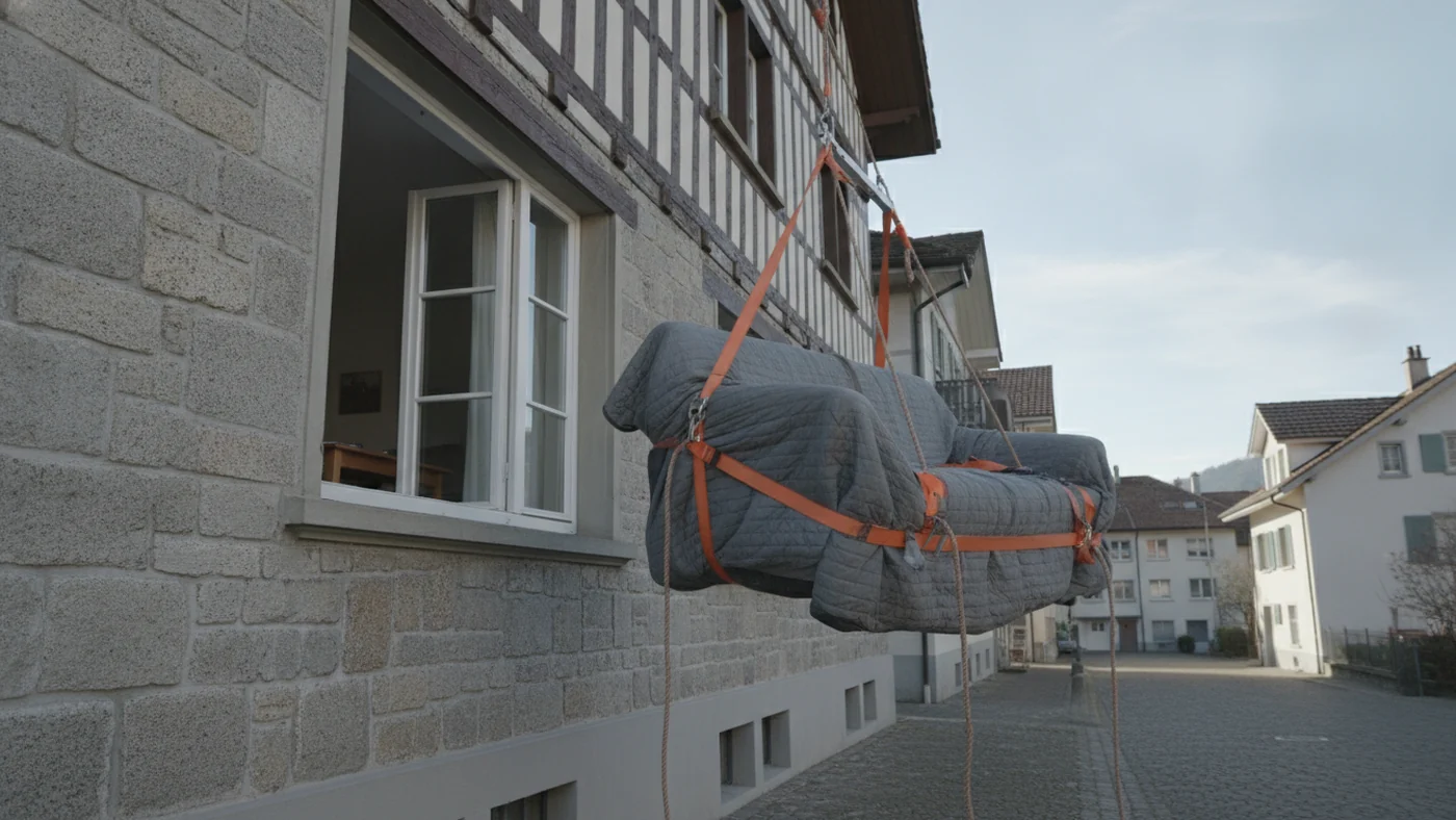Canap&eacute; emball&eacute; hiss&eacute; par des cordes le long d&rsquo;une fa&ccedil;ade d&rsquo;immeuble