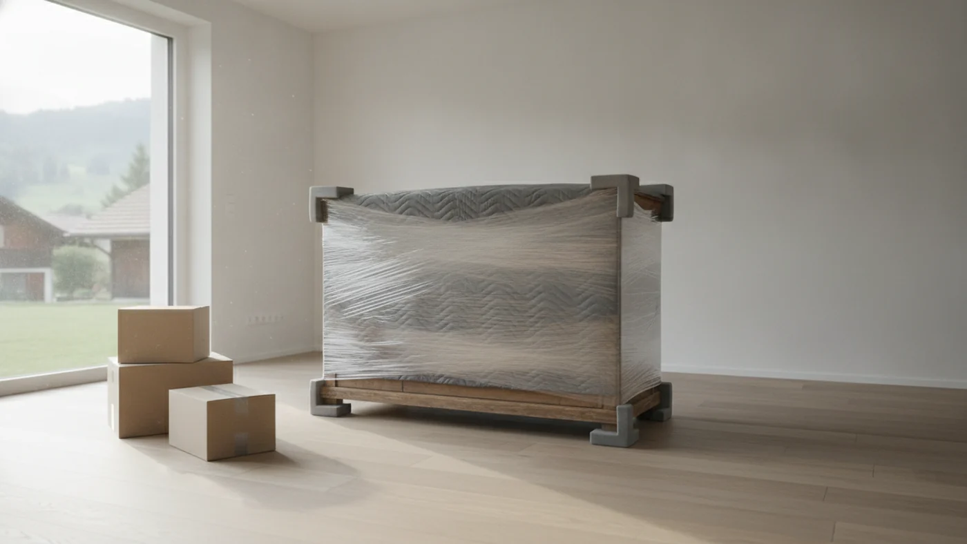 Commode en bois emball&eacute;e dans des couvertures et du film &eacute;tirable, pr&ecirc;te &agrave; d&eacute;m&eacute;nager