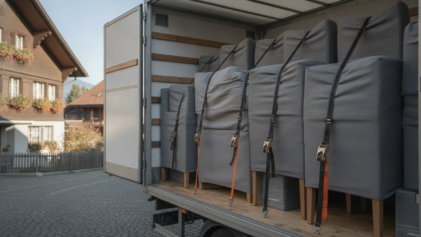 Int&eacute;rieur d&rsquo;un camion de d&eacute;m&eacute;nagement charg&eacute; de meubles prot&eacute;g&eacute;s et sangl&eacute;s