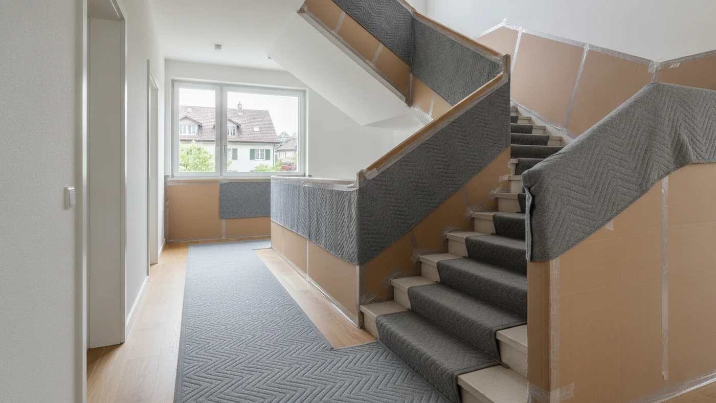 Escalier d&rsquo;immeuble avec rampe et angles prot&eacute;g&eacute;s par des couvertures et du carton